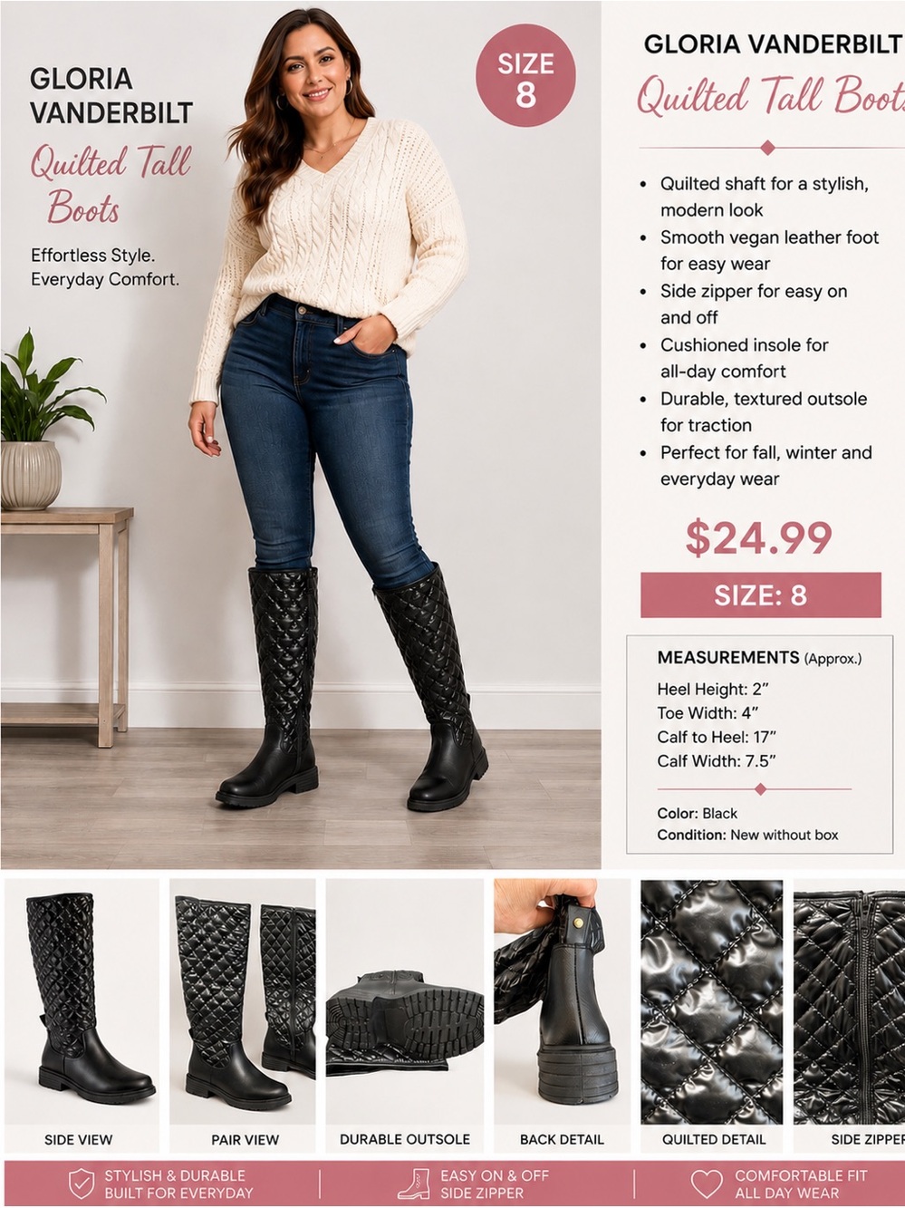 🆕Gloria Vanderbilt Black Quilted Tall Knee High Riding Boots Women’s SZ 8 NWOB